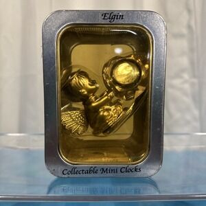 Elgin Collectible Mini Clock Angel Quartz New Gold Tone Never Opened Stone Heart